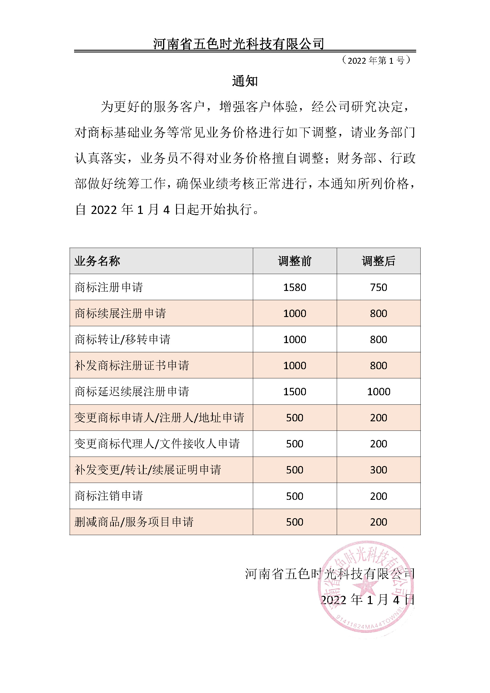 商标调价通知